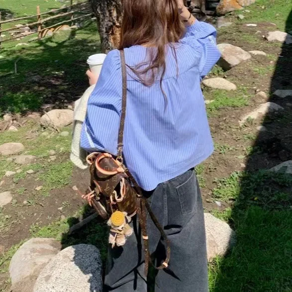 Blue Striped Bubble Sleeve Short Casual Top Women's Korean Style Shirt Wear Female