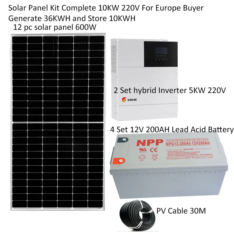 Solar Panel Kit Complete For Home 10000 w 220V 110V Solar Panel 600W Off Grid System MPPT UPS Hybrid Inverter 4HP Home House RV