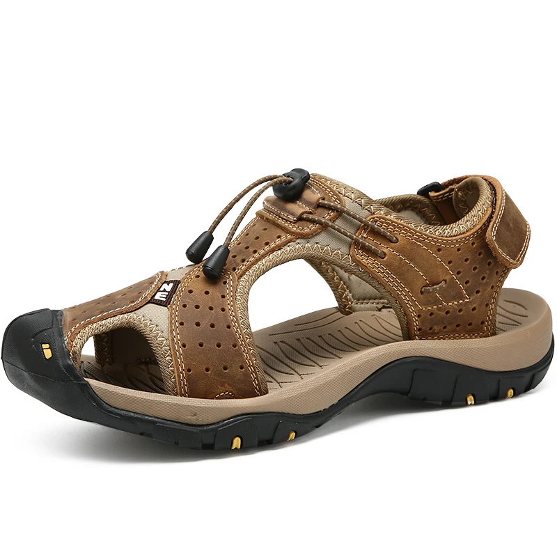 

Genuine Leather Sandals Khaki Plus Size Slides Outdoor Hiking Summer Beach Sandals Mens Close Toes Non Slip 2022 New Sandle