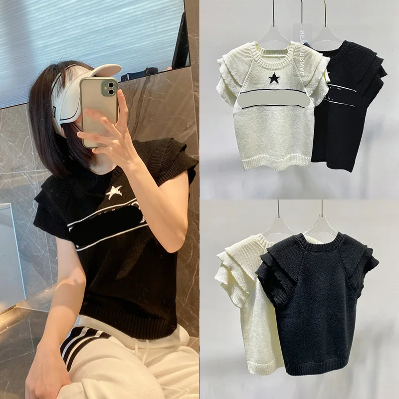 

Женская футболка с коротким рукавом, маленькая белая футболка с оборками и вышивкой в виде звезд, уникальная короткая трикотажная футболка ...