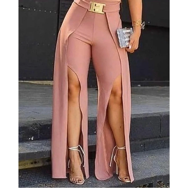 

New Sexy Women Solid Long Slit Pants With Belt Casual Pants Summer Fashion Streetwear Flare Pants S-XL