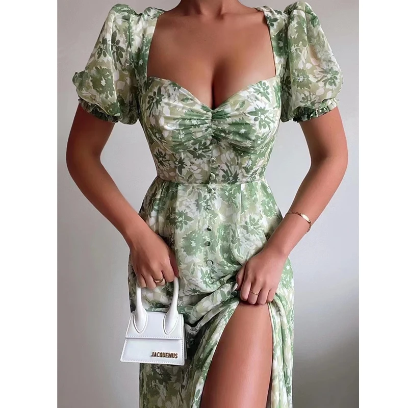 

2022 Green Peach Print V Neck Bubble Sleeve Button Slit Medium Length Dress