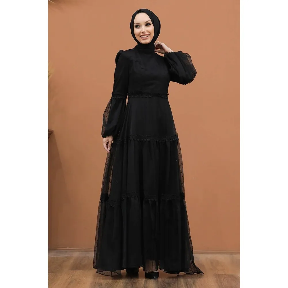 

Veil Evening Dress-Lace Detail Black Hijab Evening Dress 2335S
