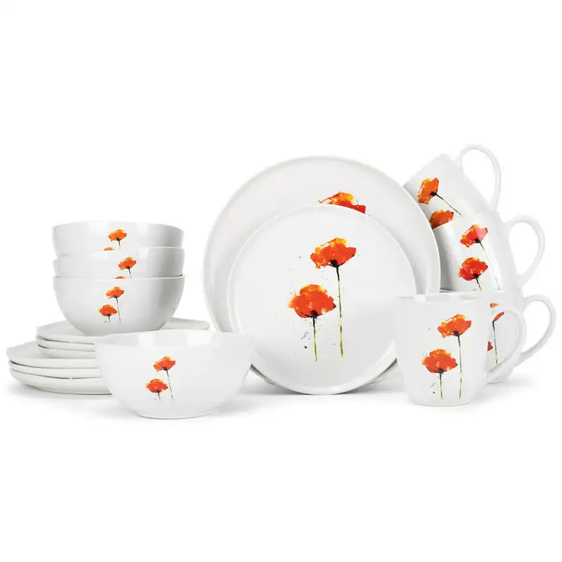 

Crouser Watercolor Ceramic Dinnerware 16 Piece Set - Service for 4, Poppies Wooden bowl Spoon Steak knives Jogo de talheres Kawa