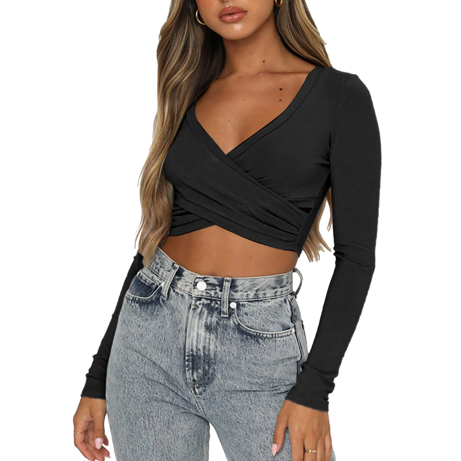 

Women\u2019s Casual Long Sleeve T-shirt Fashion Solid Color Cross V-neck Exposed Navel Tops