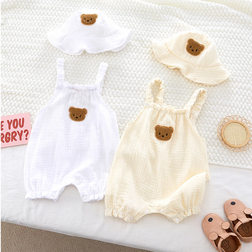 

Adorable Bear Baby Summer Clothing Sleeveless Boys Girls Cotton Bodysuit with Hat for Toddler Outfits 0-24M Newborn Romper