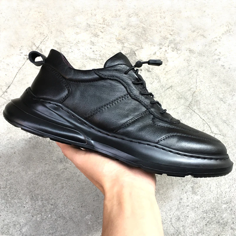 

Genuine Leather Cowhide Shoes Men Business Platform Casual Shoes Street Elastic Band Outdoor Black Trainers Male Zapatos 38-44