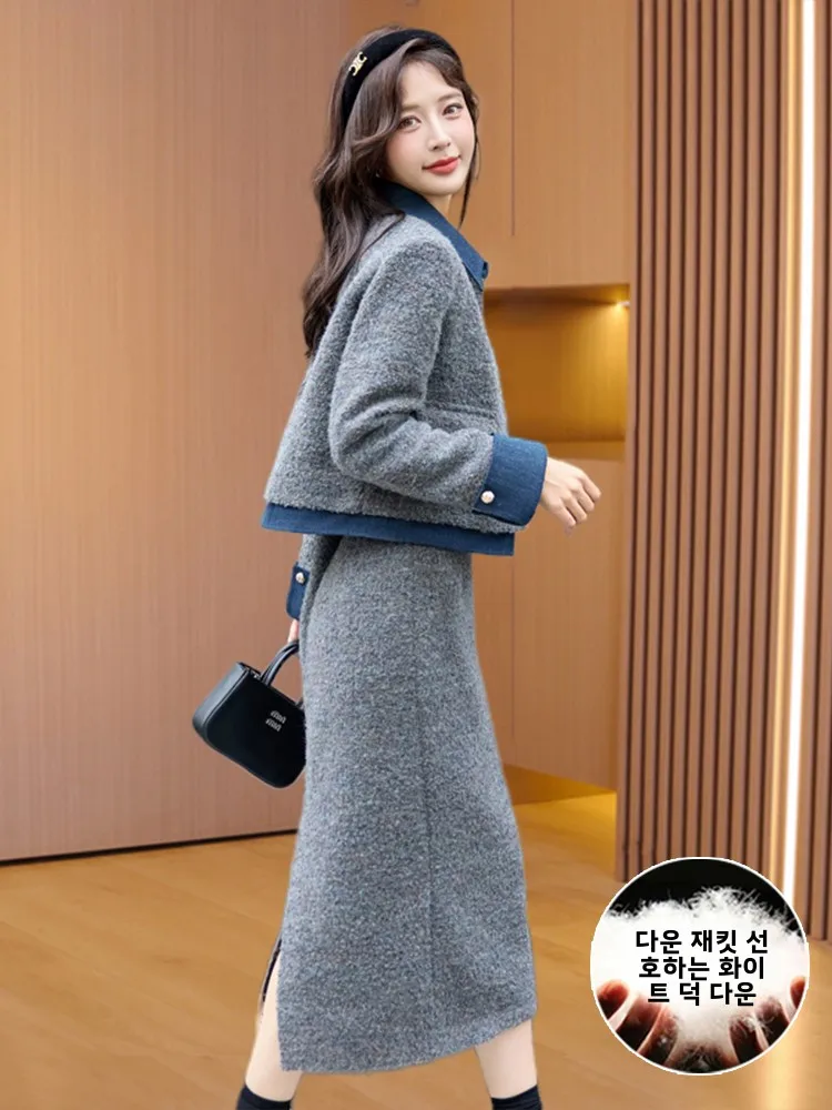 Классический зимний костюм с юбкой 2024 шерстяная юбка подкладкой из перьев