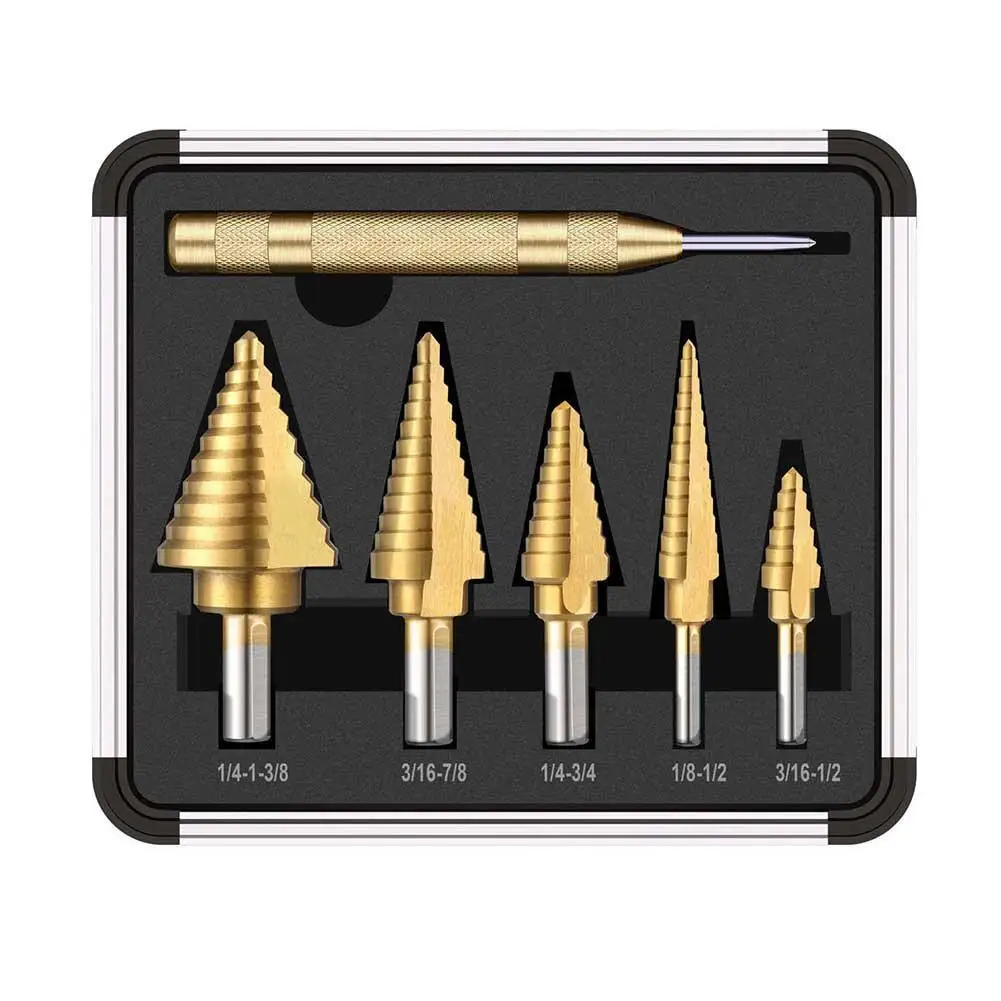 

6PCS 1/4" Hex Shank Drill Bit Set Steel Step Cone Center Punch For Accurate Locator Tools Set Center Punch For Accurate Locator