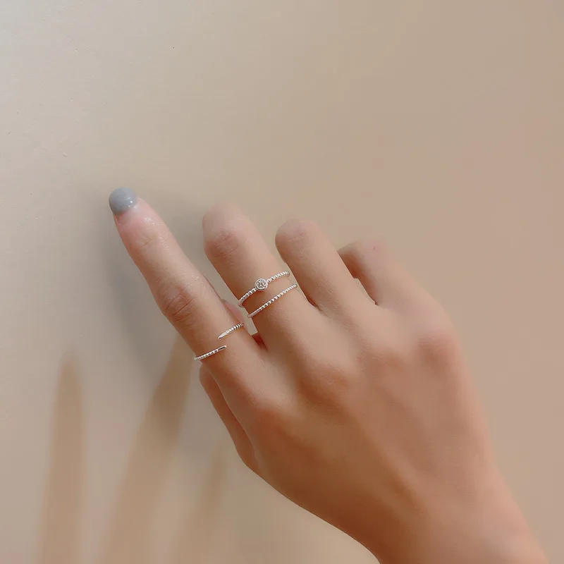 

New S925 Sterling Silver Round Bead Single Diamond Ring Female Double Layer Open Ring Student Simple Accessories Wedding Jewelry
