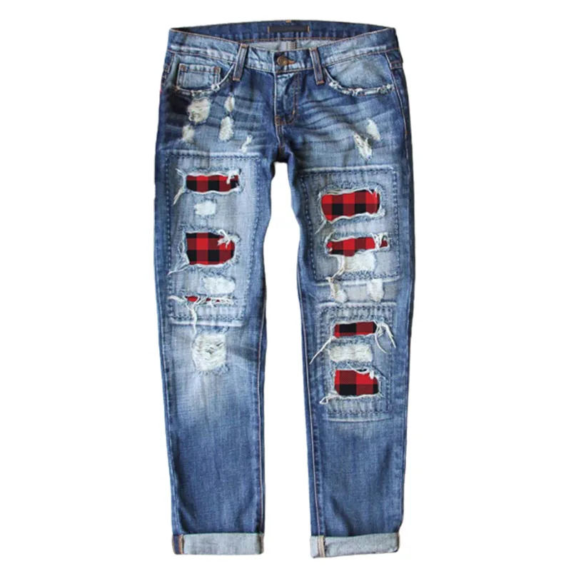 Women's Buffalo Plaid Jeans Patch Ripped Boyfriend Denim Distressed Stretch Skinny Denim Jeans with Hole Trousers Streetwear