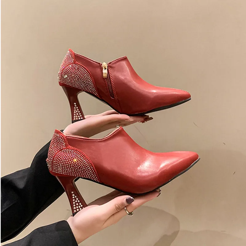 

Fashion Women Short Boots Solid PU Pointed-toe 6.5cm High Heels Pumps For Woman Office Shoes Sexy Blingbling Female Ankle Boots