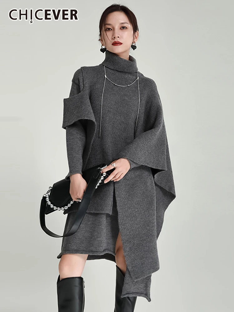 

CHICEVER Solid Two Piece Sets For Women Turtleneck Long Sleeve Shawl O Neck Long Sleeve Irregular Hem Dress Knitted Set Female