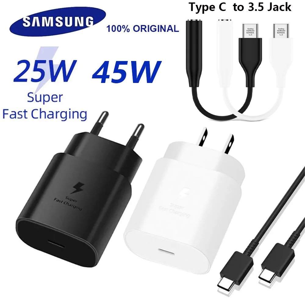 

Original Samsung Charger pd 45w 25w Super Fast Charging Usb Type C To 3.5mm Audio Adapter for Galaxy S23 S22 S21 S20 Note 20 10