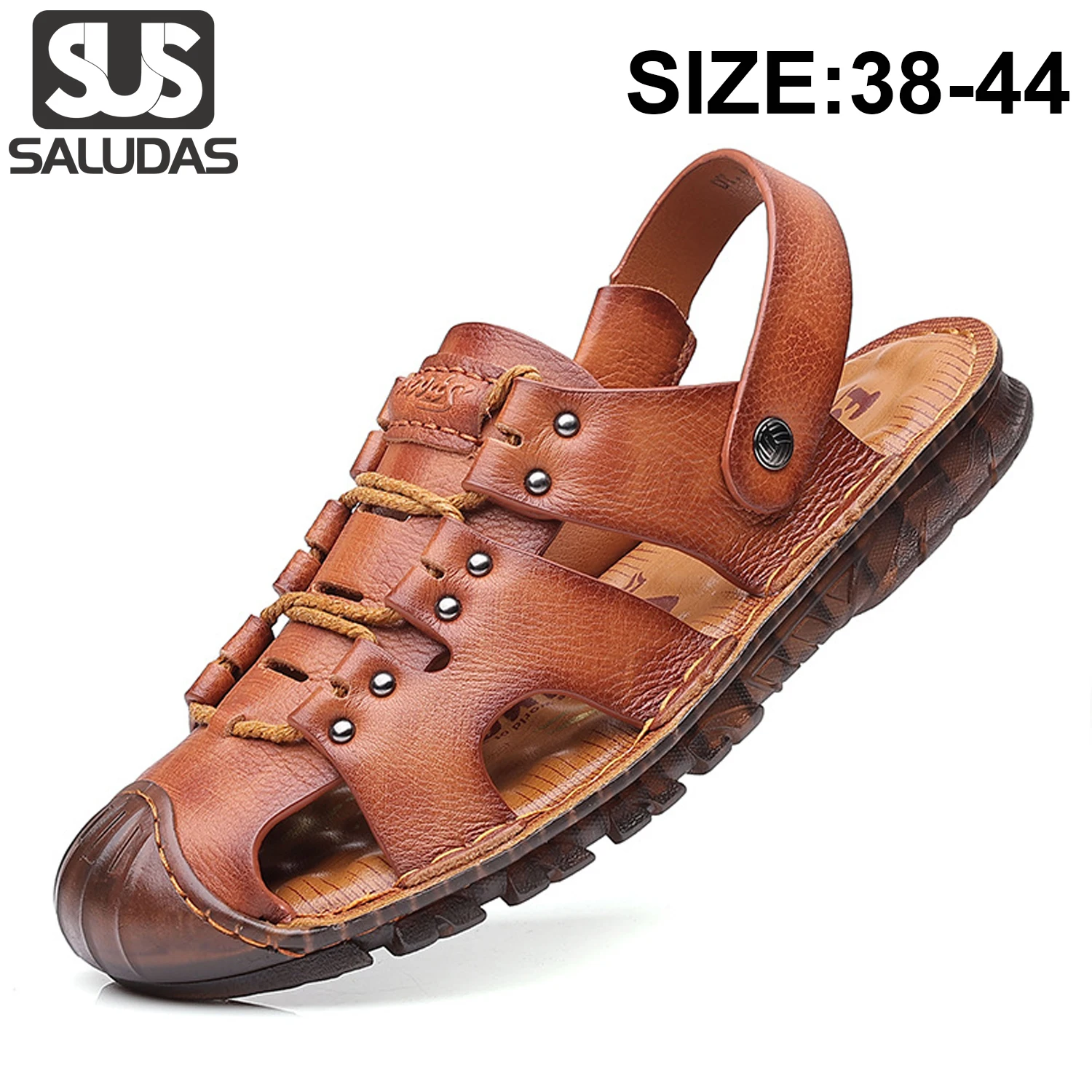 SALUDAS Men's Slippers Summer Beach Sandals Cowhide Genuine Leather Handmade Luxury Casual Sandals Non Slip Men's Shoes
