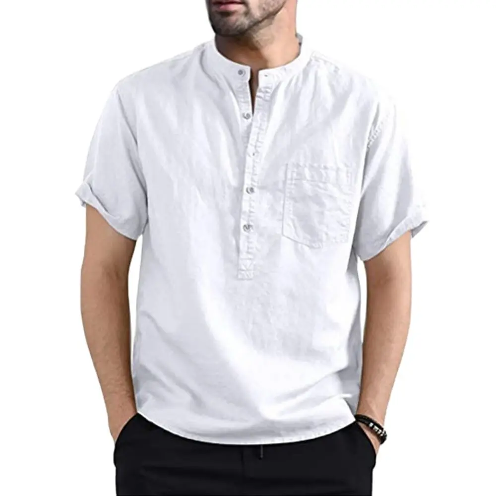 

Men Stand Pocket Blouse Short Sleeve Model Cotton Linen Shirt Clothing 2023 Summer Basic Top Pullovers Men's Solid Casual Shirts