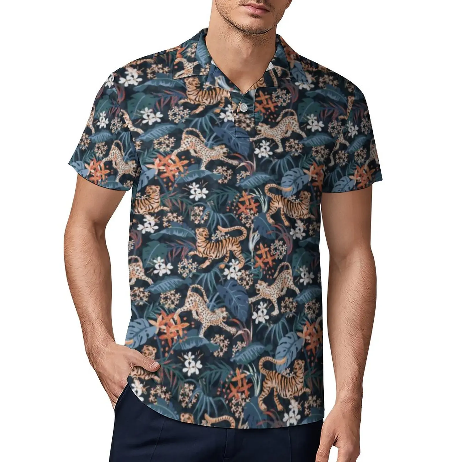 

Рубашка-поло мужская с леопардовым и тигровым принтом, винтажная Повседневная рубашка с принтом пальм, Листьев, джунглей, с отложным воротн...