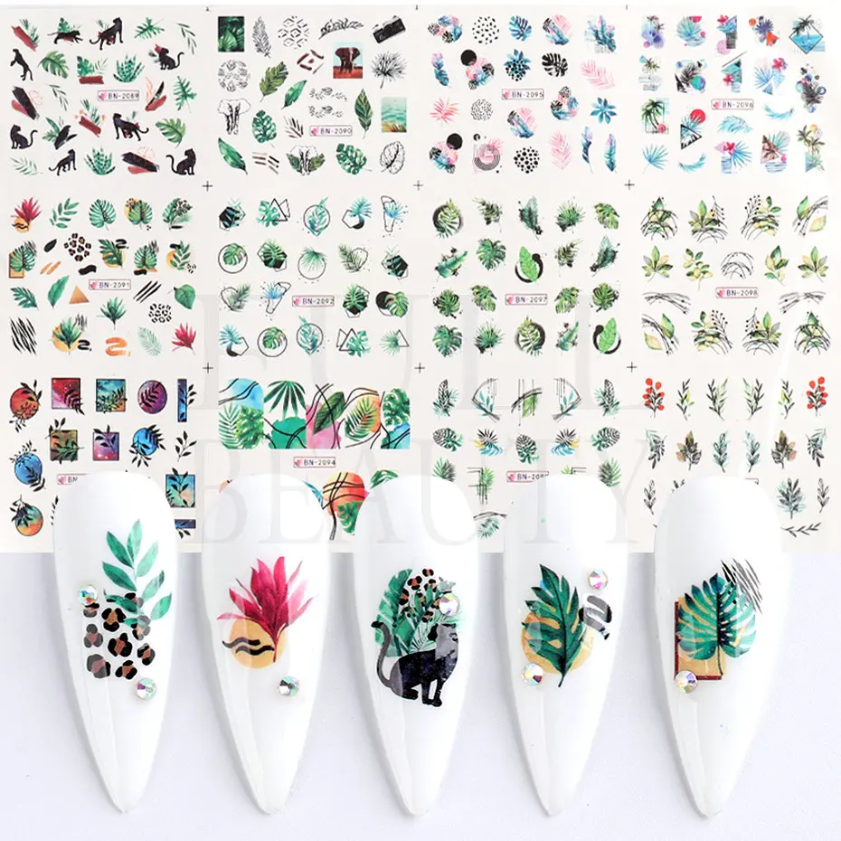 

Green Leaves Spring Nails Art Water Stickers Geometry Black Lines Tropical Foliage Leopard Design Sliders Manicure BEBN2089-2100