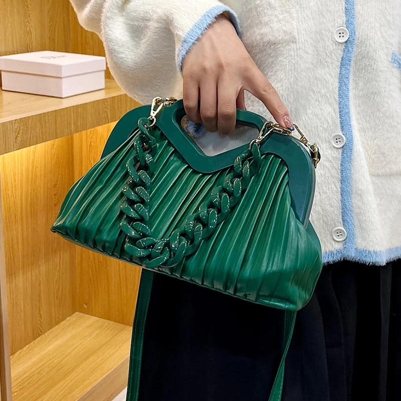 

New Brand Crossbody Messenger Bag Handbag with Short Wooden Handle Designer Pleated Shoulder Bag for Women Clutch Purses Long Be