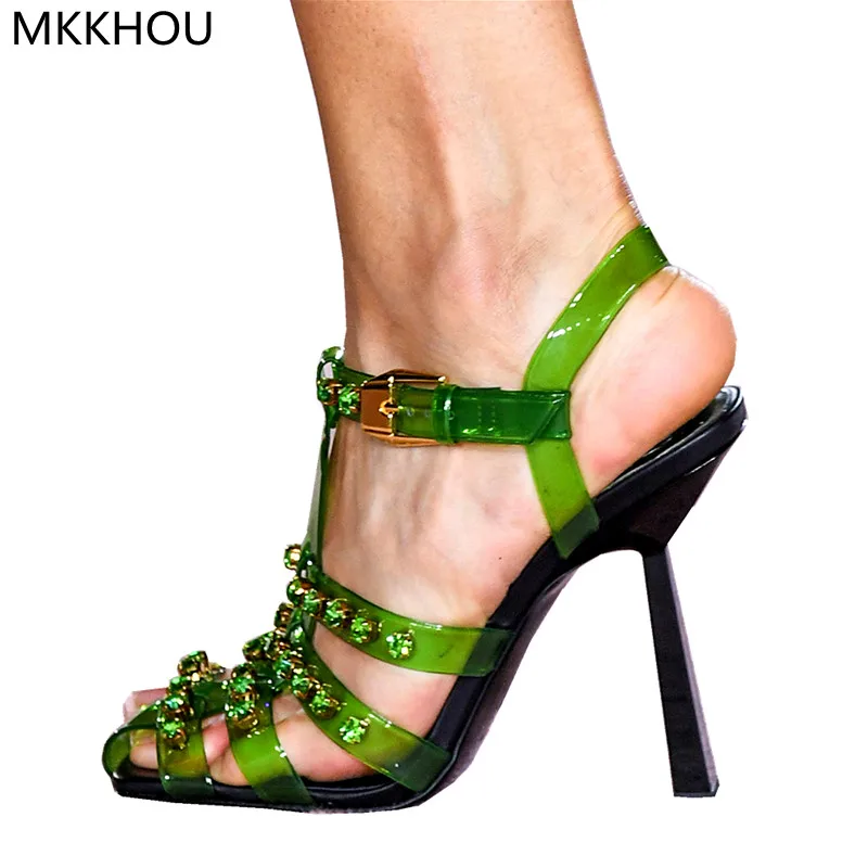 

Сандалии MKKHOU женские на тонком каблуке 10 см, модная прозрачная обувь, плоская подошва, тканые блестящие туфли, лето