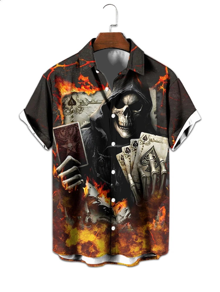Мужская летняя рубашка с принтом в виде черепа игральных карт коротким рукавом