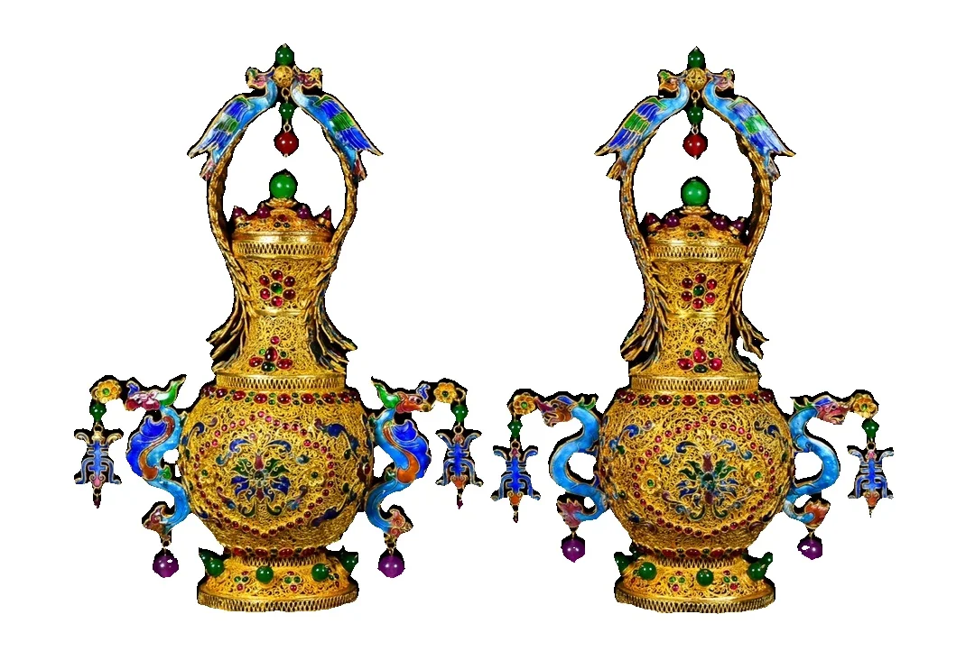

Laojunlu Old Collection Of Gilt And Filigree Cloisonné, Exquisitely Crafted And Hollowed Chinese Traditional Style Antiques