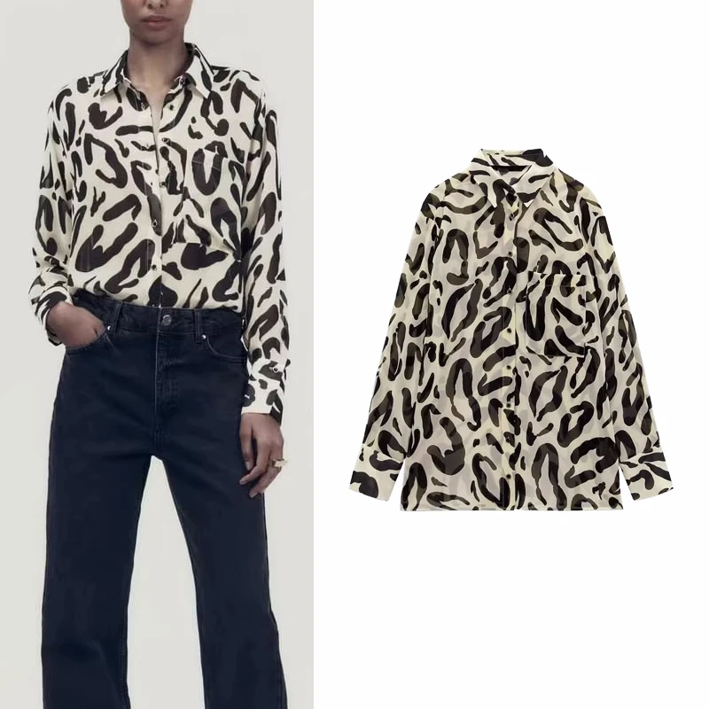 

Spring And Summer New Women's Lapel Long-sleeved Animal Pattern Printing Shirt Loose Casual Top