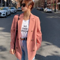 pink loose korean blazers women solid colors double breasted mid length suit 2021 spring autumn new fashion office lady blazer