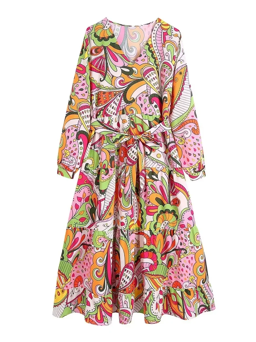 

Женское платье-миди с принтом, свободное винтажное платье с поясом, V-образным вырезом и длинными рукавами, лето 2022