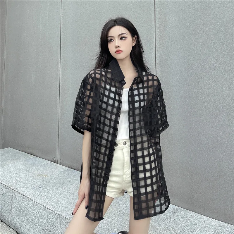 

Harajuku Lady Sun Protect Single Breasted Thin T-shirts Black Plaid Women Loose Casual Mesh T Shirt Japanese See Through Tops