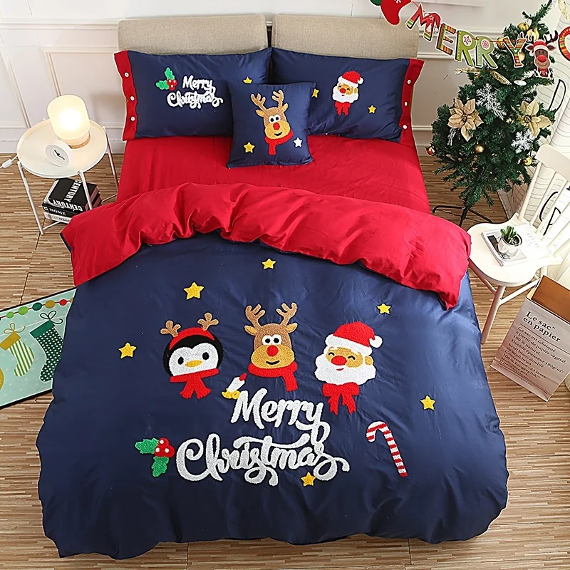 

3/4/6 Pcs Twin Queen King size Red Blue Christmas New Year Bedding Adults Kids Duvet cover Bed sheet set Pillowcase Gifts