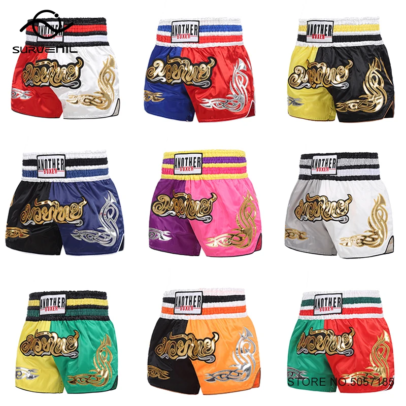 

Muay Thai Kick Boxing Shorts Men Women Kids MMA Costume Embroidery Satin Muaythai Kickboxer Pants Gym Cage Grappling Fight Wear