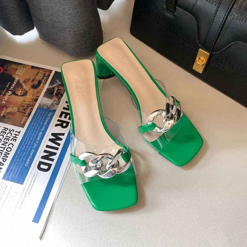 2022 fashion women's sandals summer square high heels golden chain metal decoration open-toed slippers square heel jelly shoes