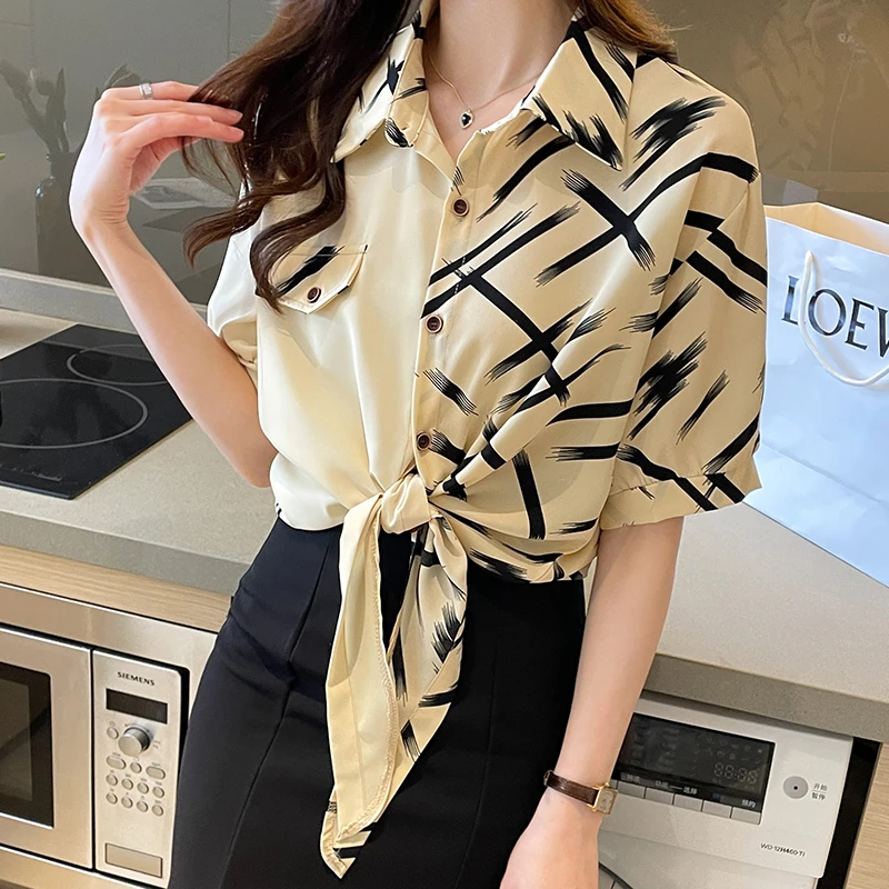 

Женская шифоновая блузка с принтом, Повседневная Свободная рубашка с коротким рукавом в Корейском стиле, большие размеры, лето 2022