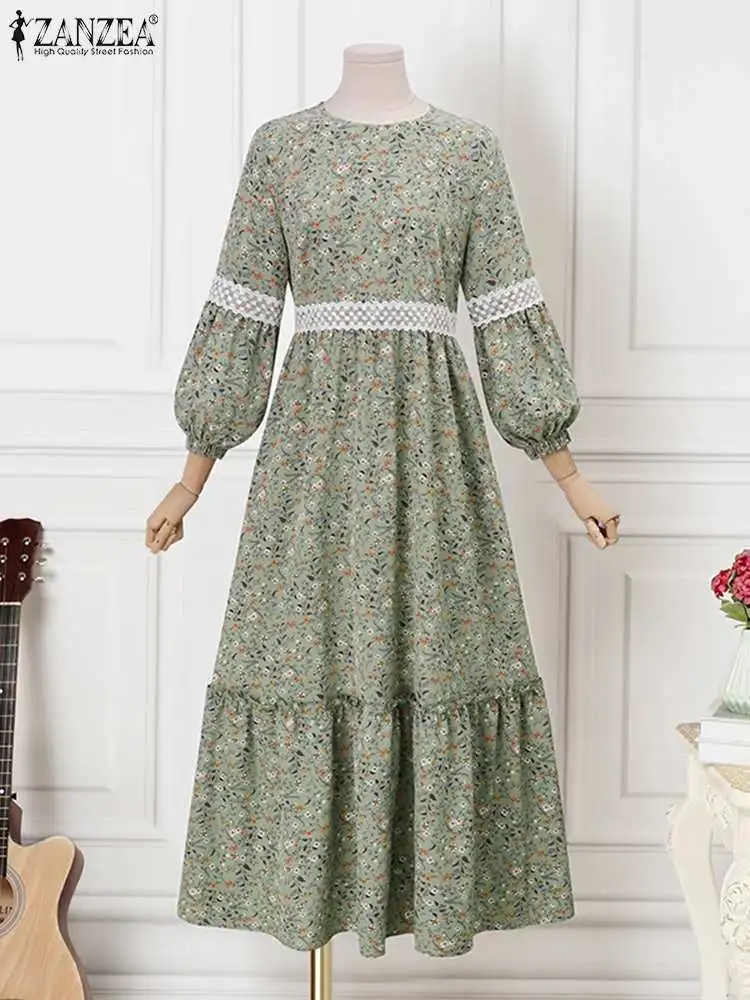 ZANZEA Eid Mubarek Muslim Sundress Bohemian Floral Printed Dress Long Sleeve O-Neck Woman Vintage Maxi Robe Ruffles Vestidos