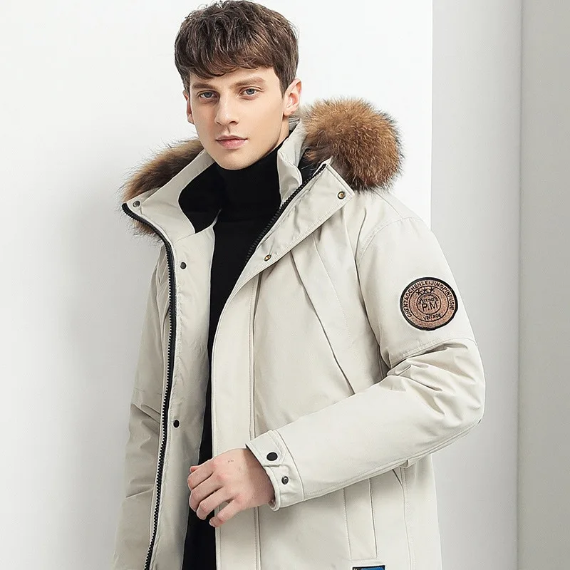Мужской зимний пуховик с меховым воротником теплая парка средней длины для