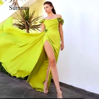 green off the shoulder prom dress scoop neck pleats satin high slit prom gown detachable train sexy party dresses 2022 summer