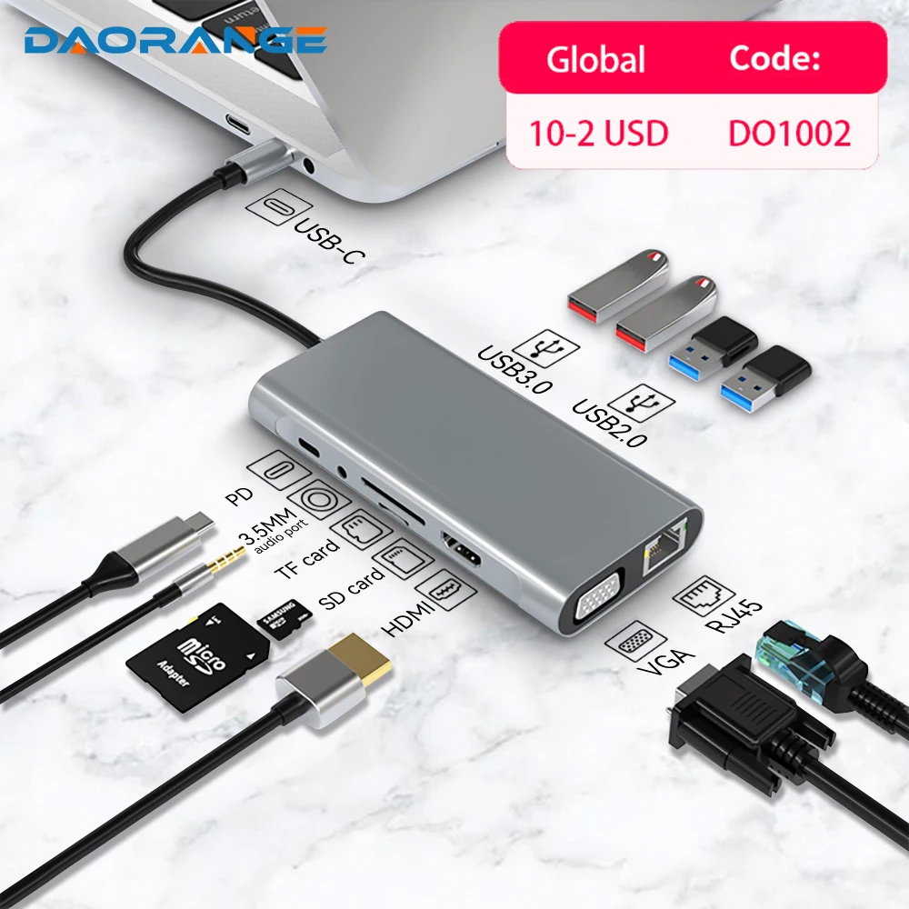 11 в 1 USB C 3,0 концентратор Тип C адаптер для ноутбука 4K HDMI-совместимый VGA RJ45 Lan Ethernet SD/TF карта 87 Вт PD док-станция разделитель