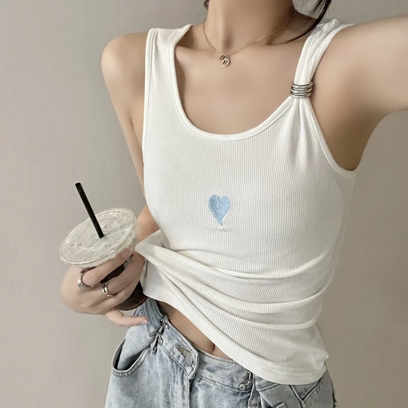 

YINGDINGST Women T-shirt Sexy Sleeveless Camisole Embroidery Ladies Tank Top Elastic Rib-Knit Streetwear Solid Camisole Tops