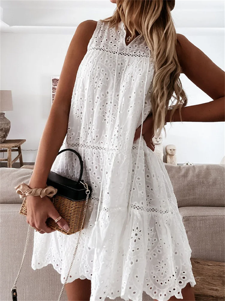 

Thorn Tree Summer Boho White Beach Dress Women Casual Sleeveless Ruffles Dress Party Plain Lace Hollow Out V-neck Tank Vestidos