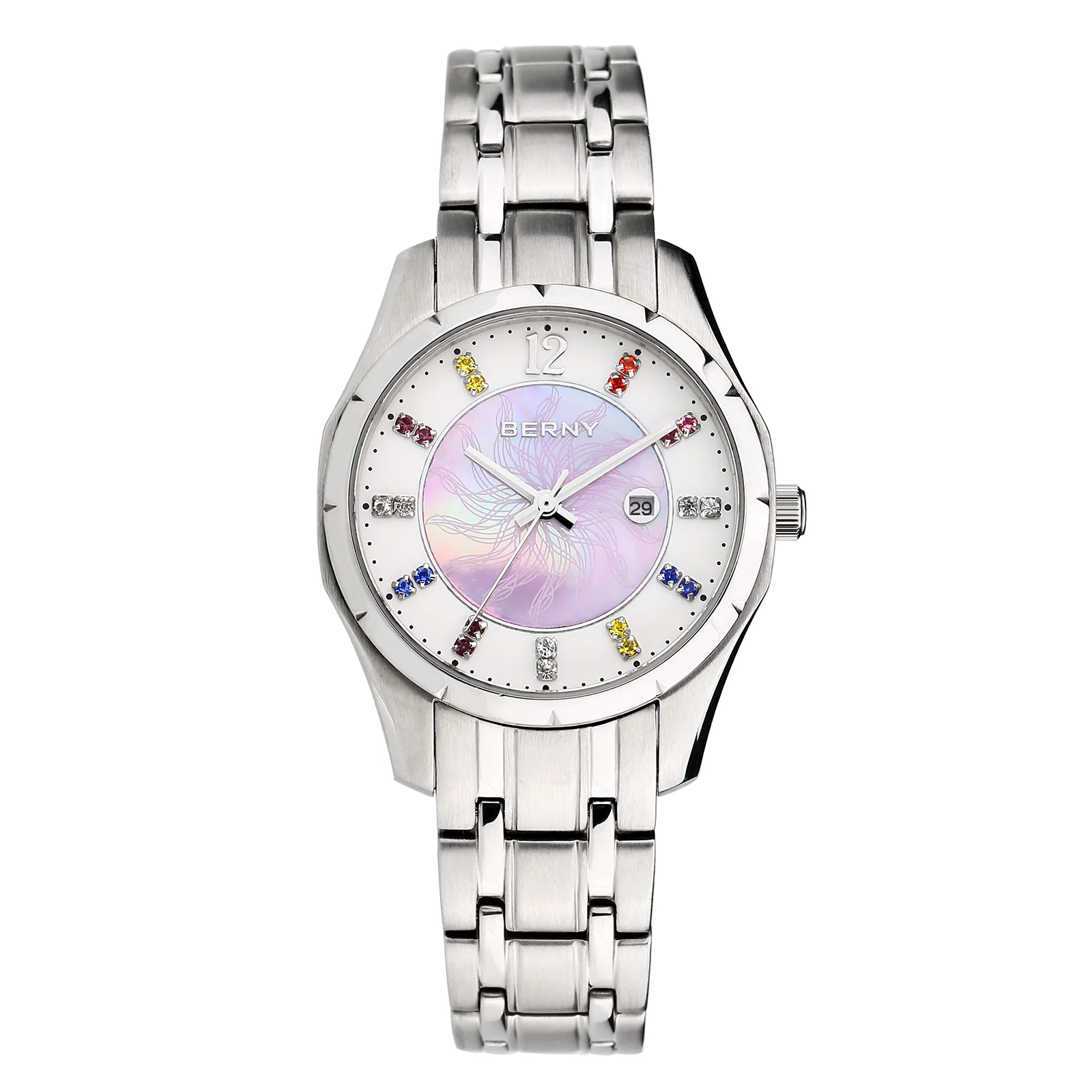 Enlarge BERNY Quartz Women watch Colorful Dial Watch Fashion Casual Diamond Watch 100%Stainless Steel Ladies Clock 3ATM Waterproof Watch