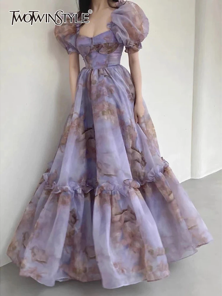 

TWOTWINSTYLE Korean Fashion Print Long Dress For Women Square Collar Short Puff Sleeve High Waist Dresses Female 2022 Clothing