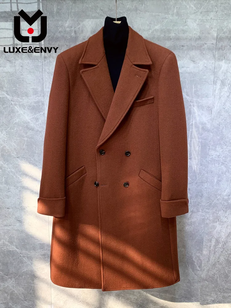 

LUXE&ENVY Double Breasted Thickened Wool Men's Korean British Mid-length Trench Coat Autumn Winter 2023 New