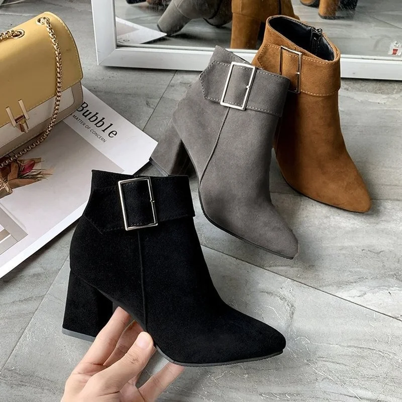 Fashion Women Boots Casual Leather High Heels Spring Autumn Shoes Woman Pointed Toe Ankle Boots Ladie Casual Shoes Zapatos Mujer