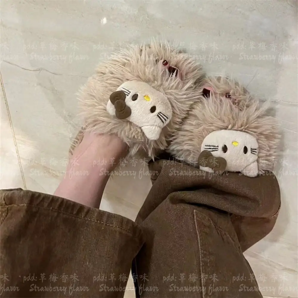 Новые корейские милые пушистые тапочки Hello Kitty с высокой красивой плоской