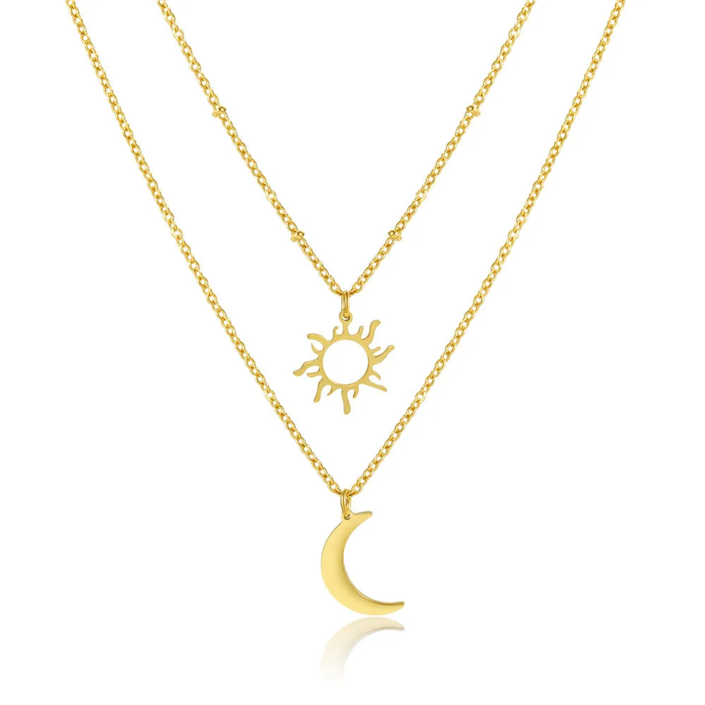 

Подвеска в виде Солнца и Луны из нержавеющей стали, многослойное ожерелье, двухслойная женская простая цепочка до ключиц, ювелирные изделия...