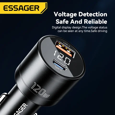 Автомобильное зарядное устройство Essager PD 120 Вт, Супербыстрое зарядное устройство QC 4,0 PD 3,0 для iPhone 15 14 Samsung, зарядное устройство USB Type-C, портативное зарядное устройство для телефона