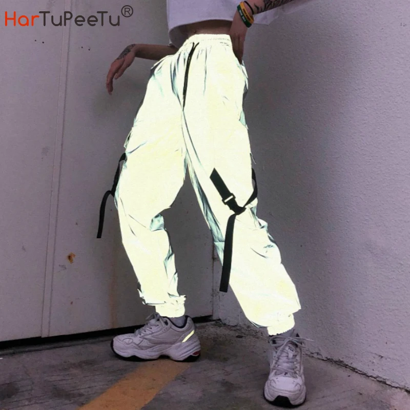 Women's Reflective Rave Cargo Pants Street Hip Hop Harem Joggers Pants Hip Hop Dance Fluorescent Trousers Casual Night Sporting