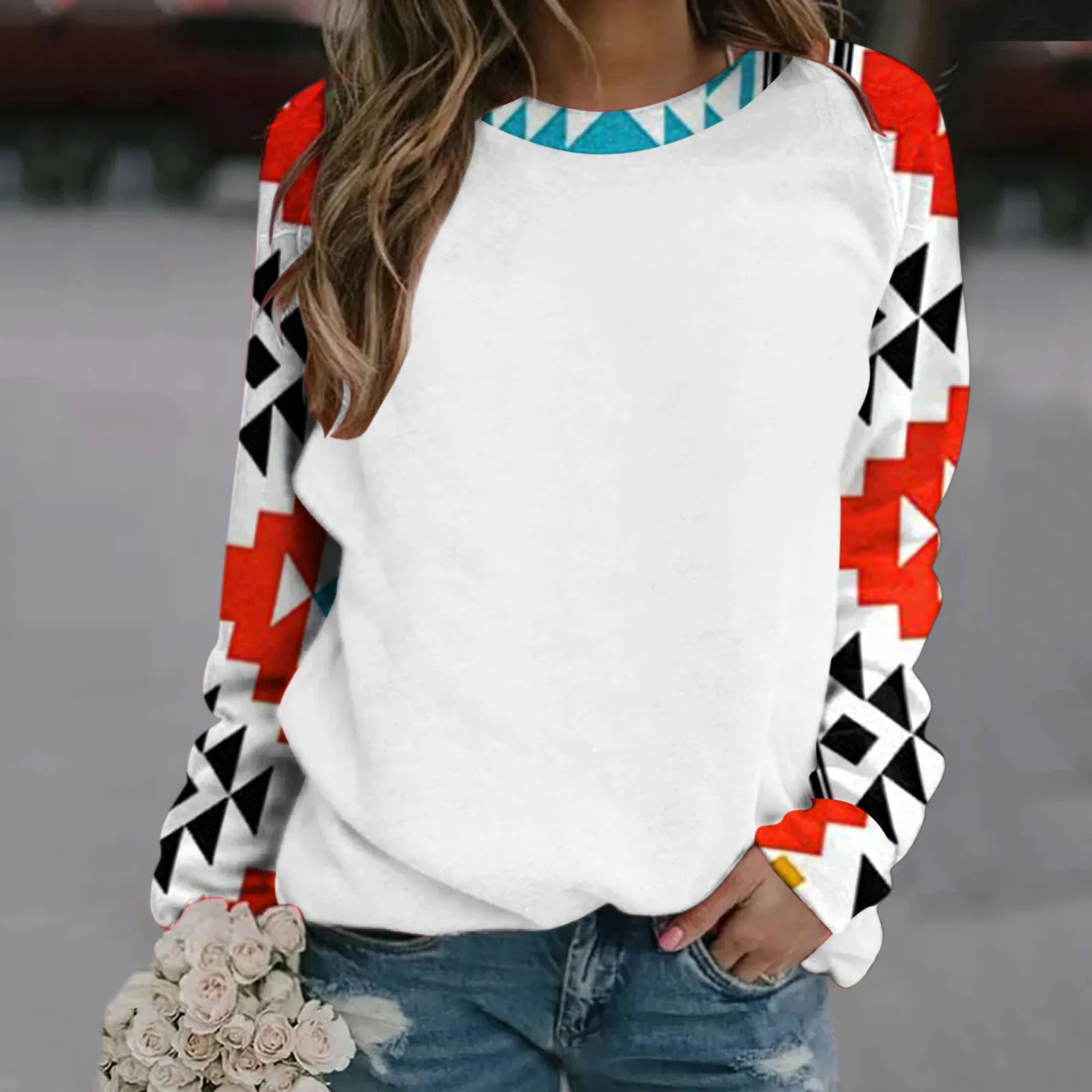 

Women's Long Sleeve Sweatshirt Western Aztec Print Warm Top Winter Soft Casual Top Women Casual Tops Long Fleece Sweatshirt