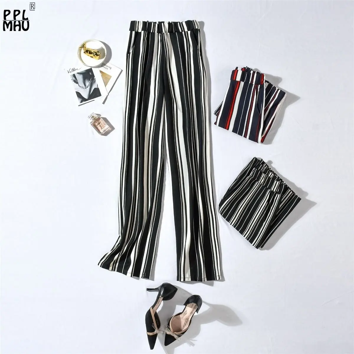 

Oversized 3XL Elastic High Waist Poplin Trousers OL Fashion Baggy Straight Pantalon Mujer Women's Vintage Stripe Wide Leg Pants